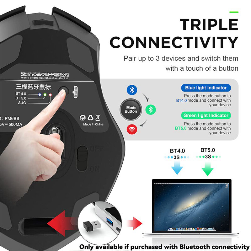 INPHIC PM6-Souris sans fil aste, 2.4G, compatible Bluetooth, bureau, prise en charge muette, PC, ordinateur portable, tablette, smartphone, universel