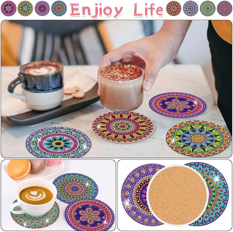 Mandala Padrão Coasters com cortesia Cup Holder, DIY diamante pintado Coasters, 8-Piece Set