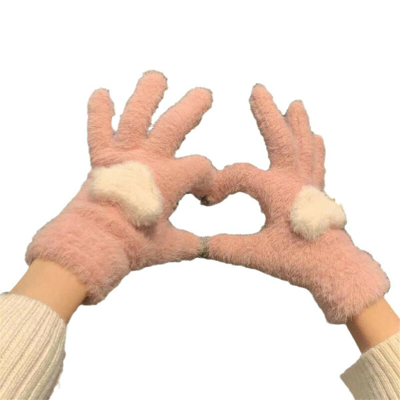 Guantes de felpa con forma de corazón para mujer, manoplas gruesas de dedo completo, cálidas, con pantalla táctil, color rosa, para otoño e invierno, 1 par