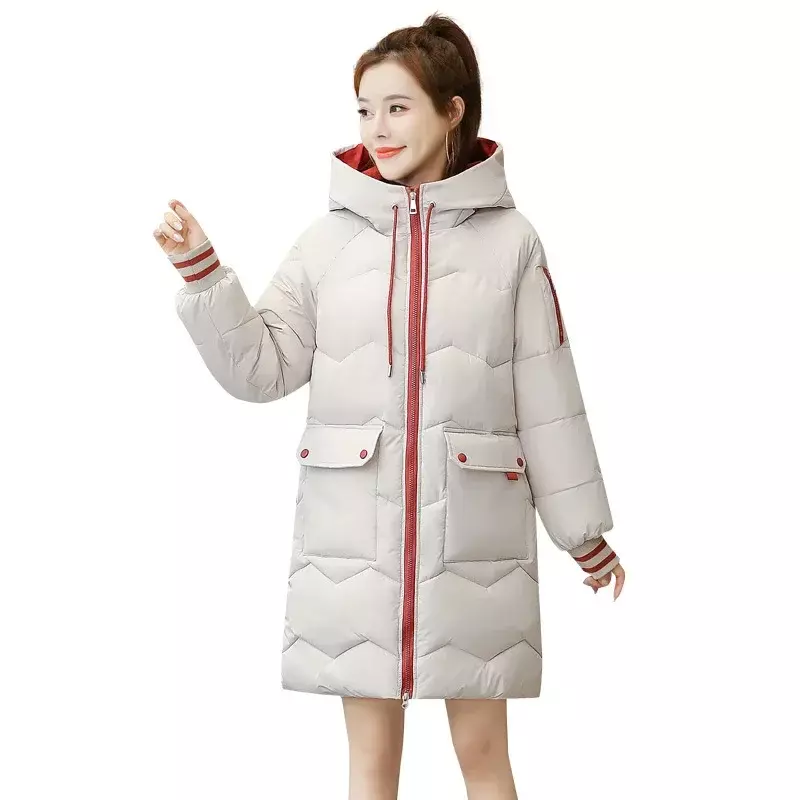 Cappotto invernale da donna parka imbottito in cotone di media lunghezza con cappuccio caldo addensato soprabito Casual abbigliamento da neve sciolto giacca Outwear solido 4XL