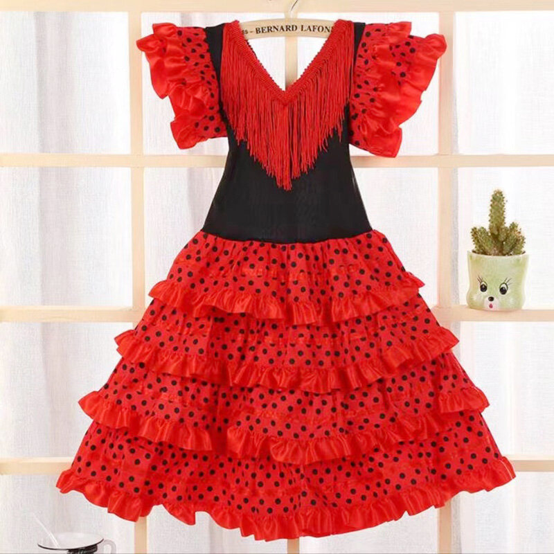 Tradycyjny taniec hiszpański sukienka dla dziewczynek festiwal Tassel sukienka w kropki cztery kolory klasyczny Flamengo styl cygański spódnica dla dzieci