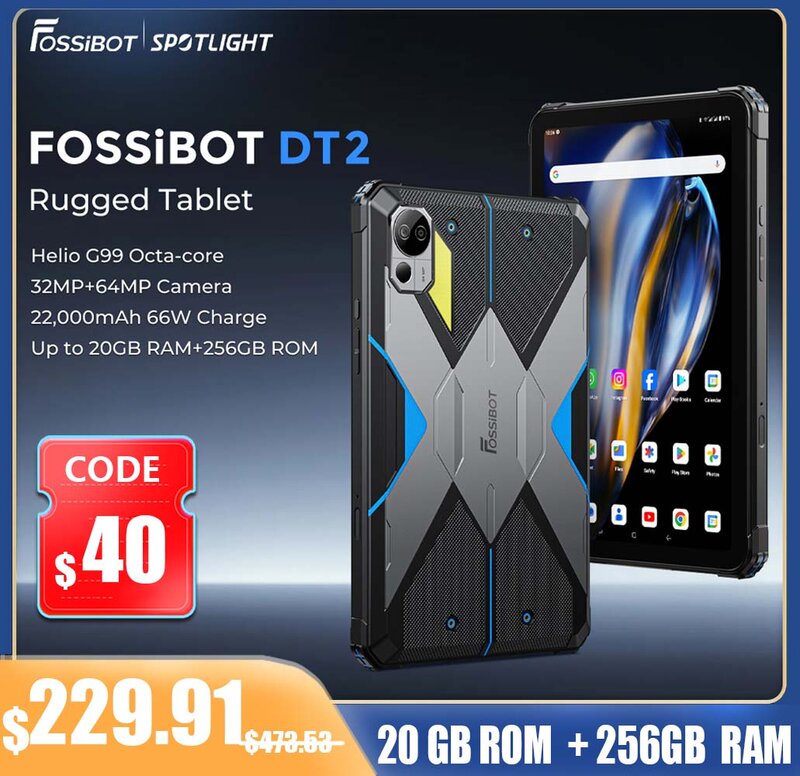 [première mondiale] fossibot dt2 renforcé tablette 66w Android 13 HELIO g99 16gb + 256gb 10.4 "écran 2K LED tablette lumière 22000mah
