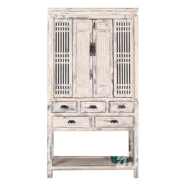 Antique Recycled Wood Wine Bar Cabinet Kitchen Cabinet Solid Wood Shabby Chic White Carved Wardrobe