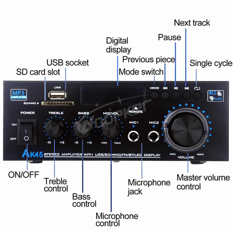 Woopker 가정용 차량용 하이파이 디지털 앰프, 블루투스 MP3 채널, 2.0 사운드 앰프 지지대, AK45, 90V-240V, 최대 400W * 2