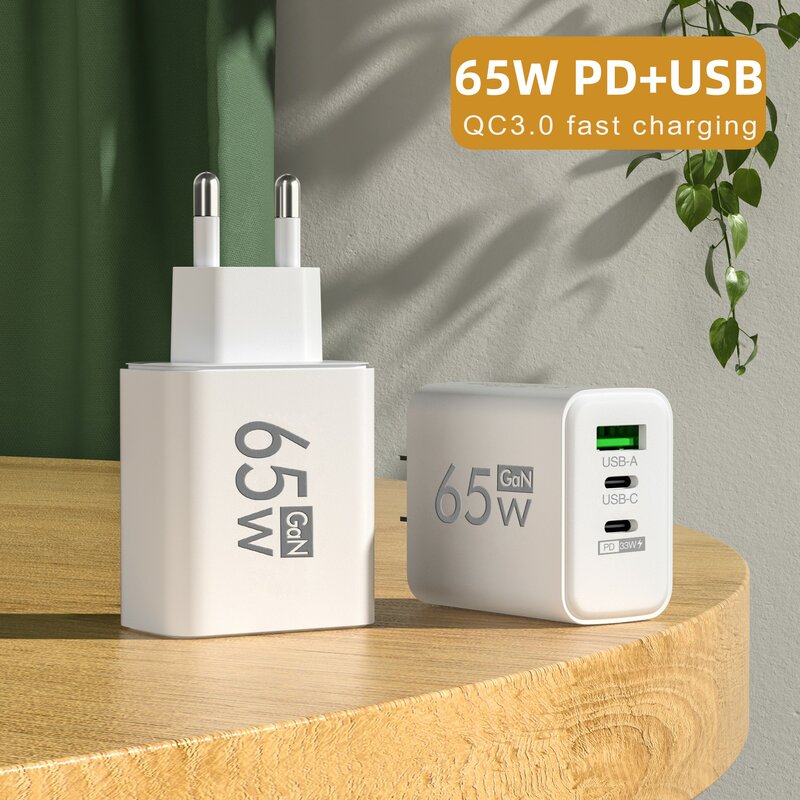 GaN-cargador USB PD de 3 puertos, adaptador de carga rápida tipo C para teléfono móvil, para iPhone 15, Samsung, y Huawei Xiaomi, 65W, 3,0