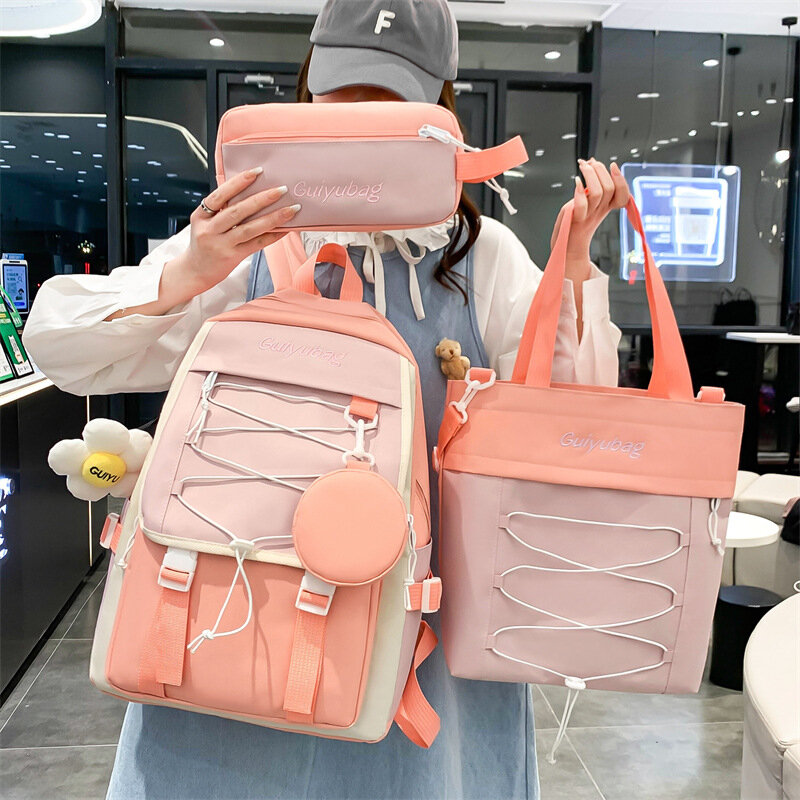 TRAVEASY 2023 Fashion 4PCS Large Capacity Backpacks Women Korean Version Casual Patchwork Water Repellent Schoolbag for Students