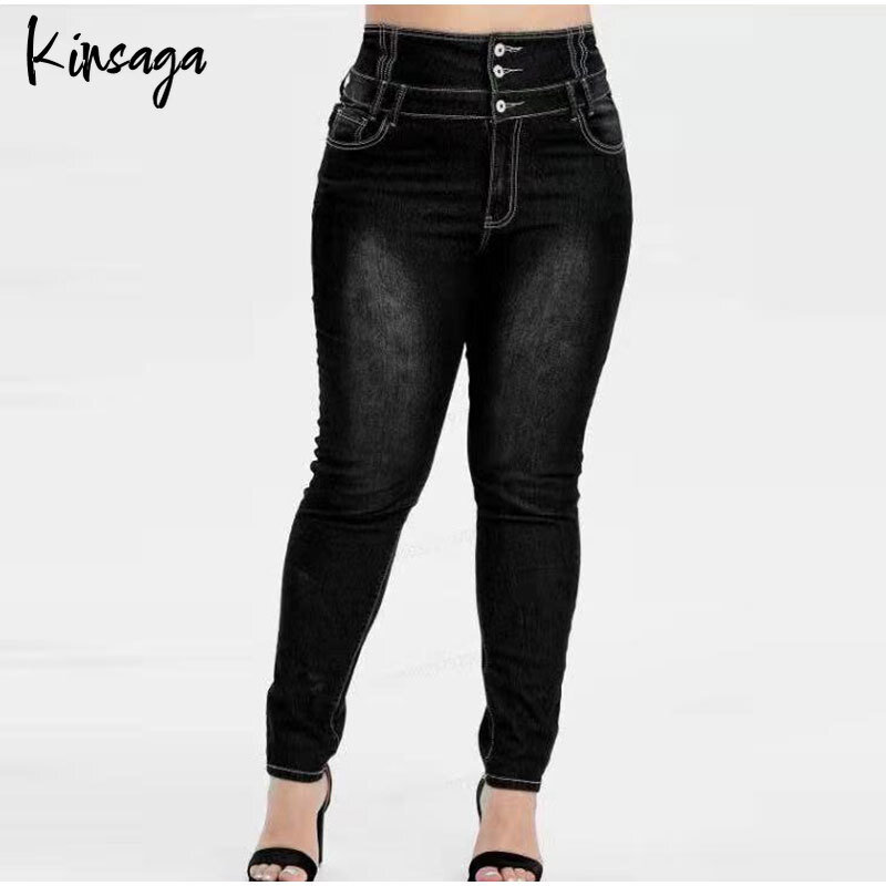 Plus tamanho botão para cima preto bodycon longo lápis jeans 4xl 5xl feminino primavera cintura alta estiramento magro calças jeans calças casuais