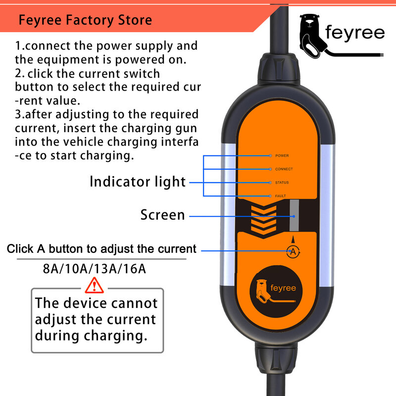 Feyree-carregador portátil EV para veículo elétrico, tipo 2, 3.5KW corrente ajustável, 8 A, 10 A, 13 A, 16A, Type1, J1772 Schuko Plug Wallbox