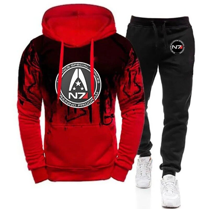 N7 Mass Effect Men New Fashion Printing Hooded Pullover Hoodie Comfortable + Sport Sweatpants Gradient Color Two Pieces Suits
