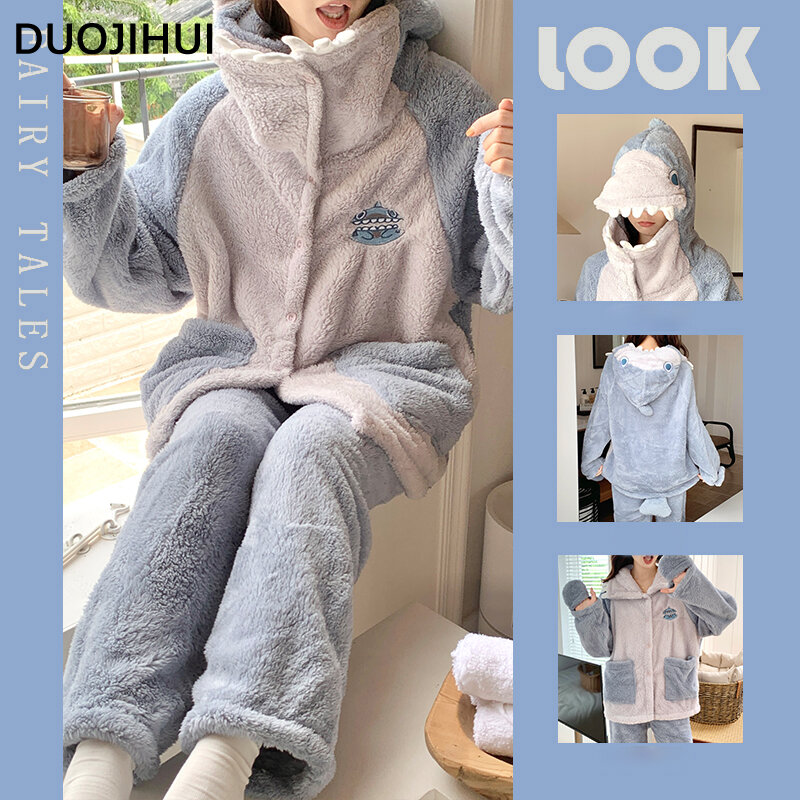 DUOJIHUI Loose Chic Thick Warm Flannel Hooded Female Sleepwear Sets Spell Color Long Sleeved Fashion Warm Soft Pajamas for Women