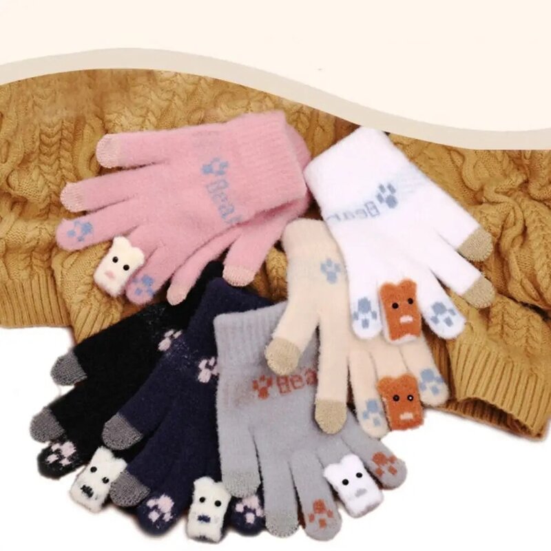 Cute Bear Winter Plush Gloves Korean Warm Windproof Cycling Gloves Thickened Riding Touch Screen Gloves Women