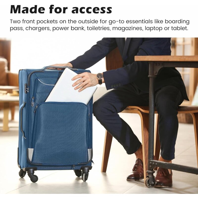 Juego de maletas giratorias TSA Lock, equipaje ligero Softshell, azul y plateado, 4 piezas