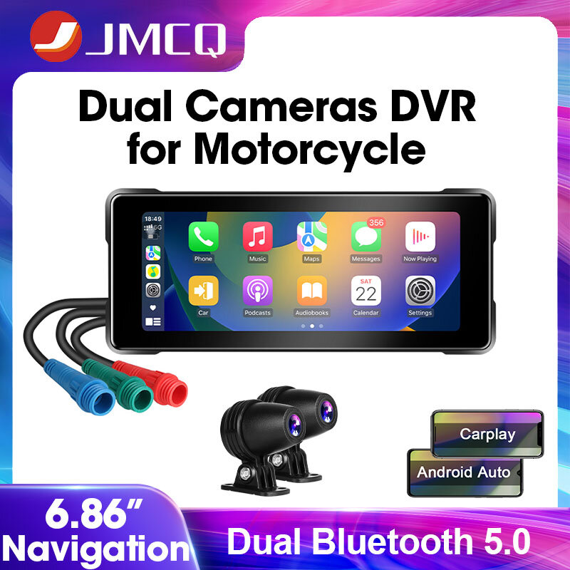 Jmcq-オートバイdvr ashcam,carplayディスプレイ画面,6.86インチ,タッチ可能な防水ipx7,ipsモニター,ワイヤレス,Android,自動