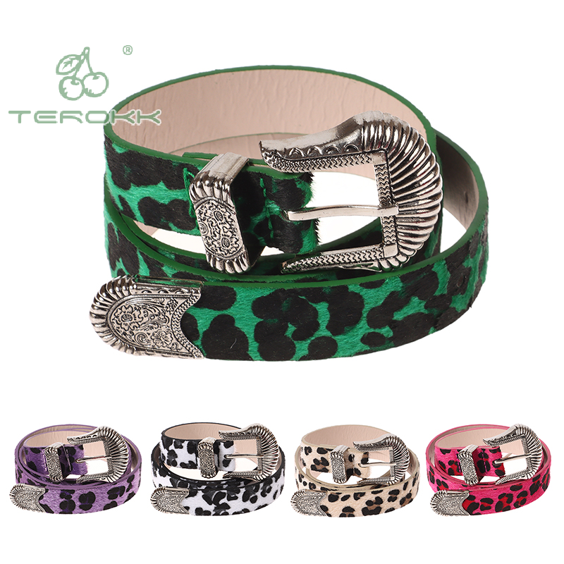 Cinturón de leopardo tallado Vintage para mujer, cinturón versátil de crin de imitación, accesorios para Jeans, hebilla de aleación