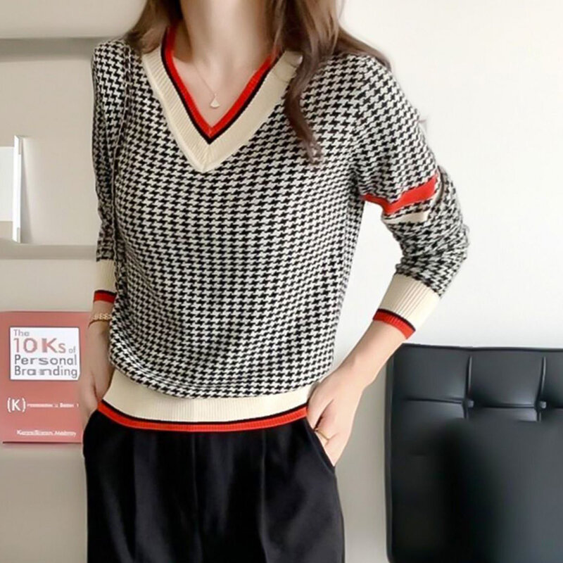 Autumn Winter V-neck Houndstooth Casual Fashion Sweater Ladies Simple All-match Knitting Jumper Top Women Loose Pullover Outwear