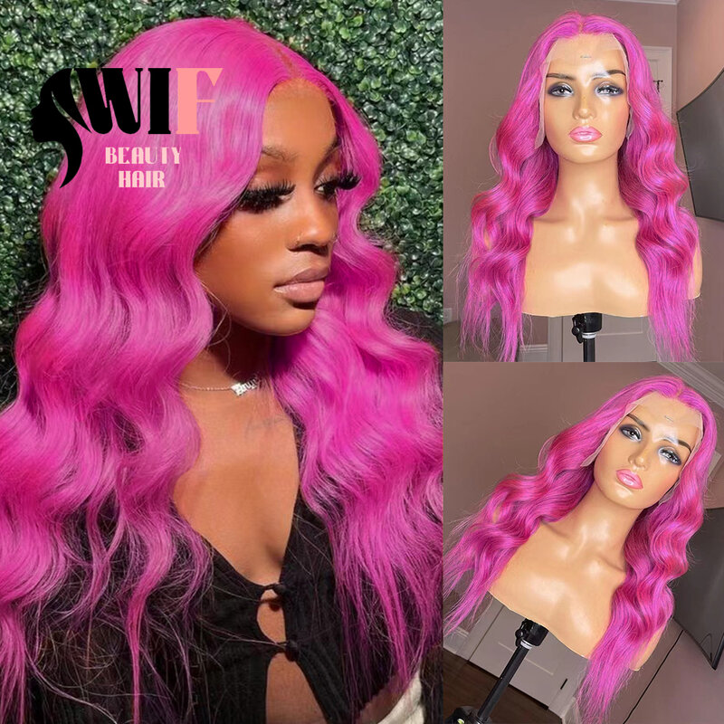 WIF-Perruque Lace Front Wig synthétique ondulée rose foncé, cheveux longs, ligne de cheveux naturelle, sans colle, pour femmes, cosplay, utilisation 03