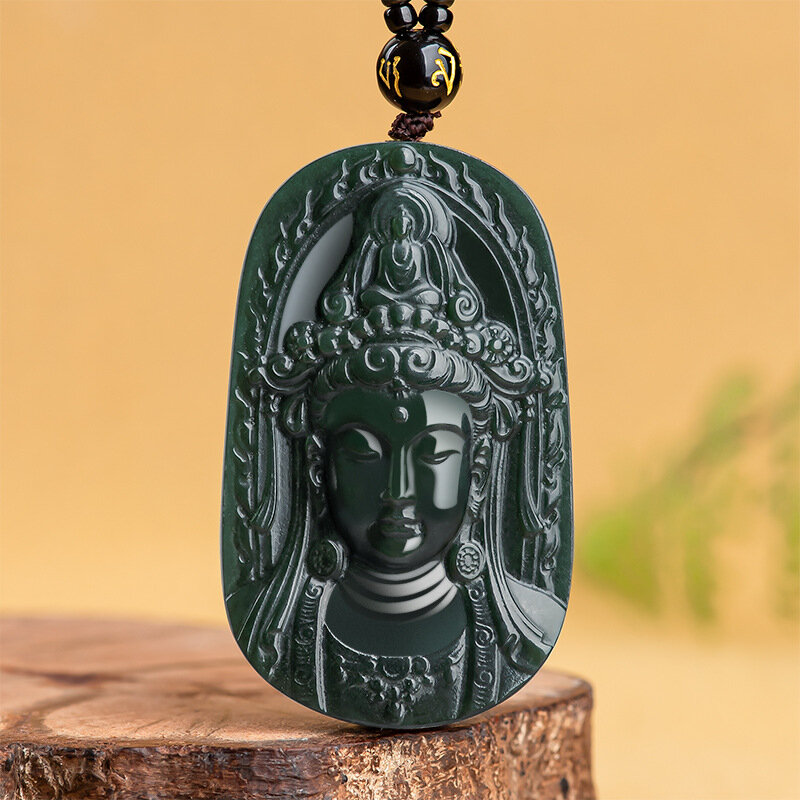 Genuine Natural Old Material Hotan Jade Pendant Blue Jade Guanyin Jade Pendant Charming Men and Women's Jewelry Necklace