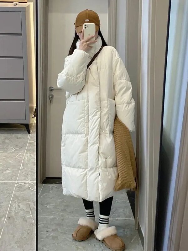 Jaqueta longa para baixo puffer feminina, casacos de penas, jaquetas quentes, inverno, 2024