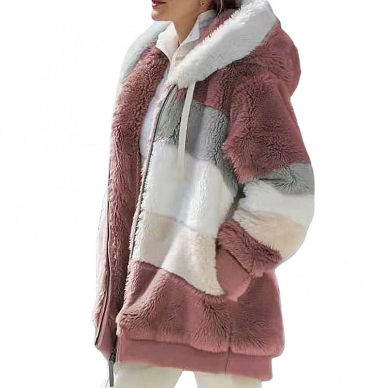 양털 여성 Parkas 가을 겨울 긴 소매 색 블록 지퍼 솜털 후드 따뜻한 코트 자켓