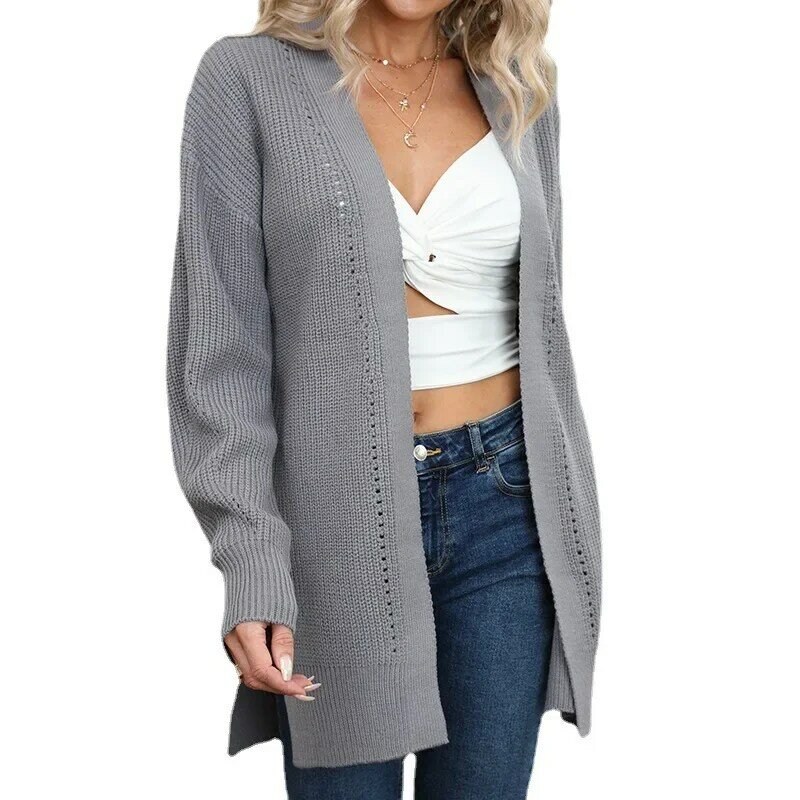 Fall/Winter 2023 New Long Cardigan Women's Solid Color Openwork Long Sleeve Knitted Sweater for Women