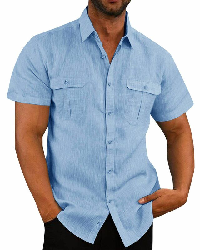 Рубашка мужская с воротником-стойкой, хлопково-Льняная блуза с коротким рукавом, Повседневная пляжная сорочка, однотонная, большие размеры, лето