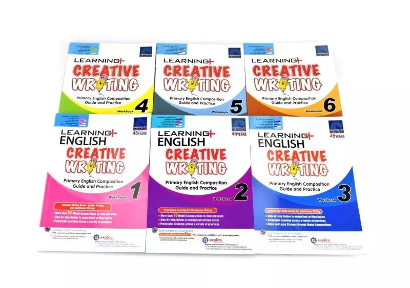 Livro de exercícios de aprendizagem e escrita para as séries 1-6, Aprendizagem e Criatividade, Singapore Learning Series, Fase Básica, Inglês