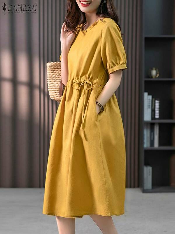 ZANZEA-Vestido de verão vintage feminino, vestido de doçura sólida, costura com babados, Midi Robe, manga curta, moda casual, coreano