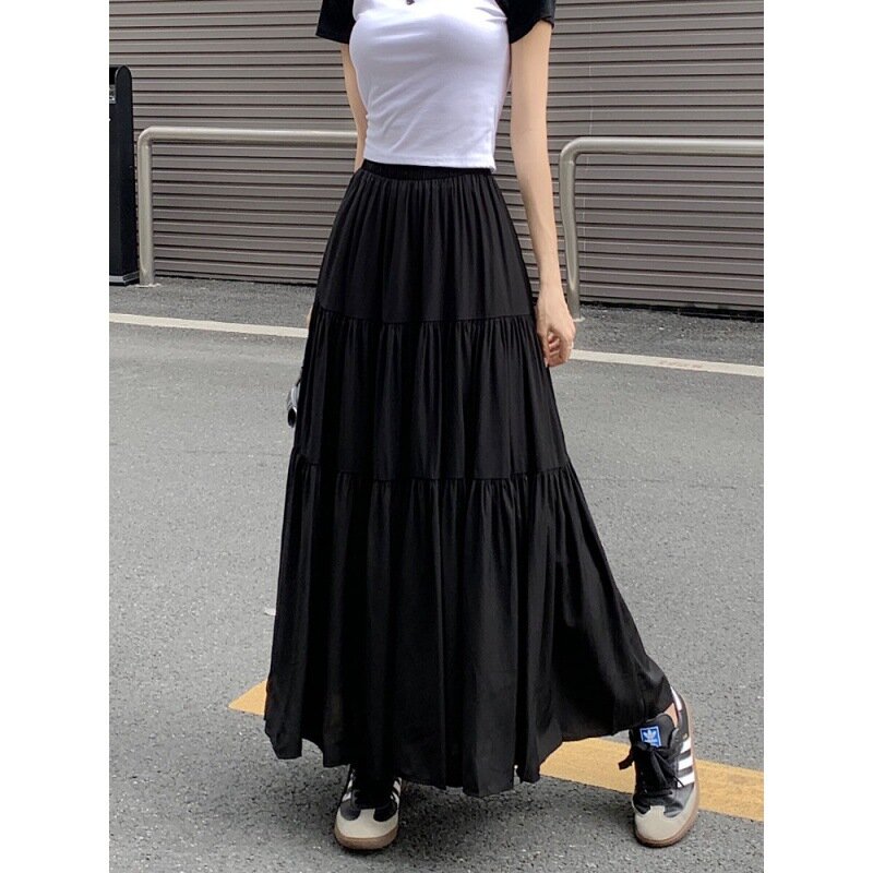 2024 Gentle Style Korean Style Design Pleated Stitching Long Skirt Large Hem Skirt for Women