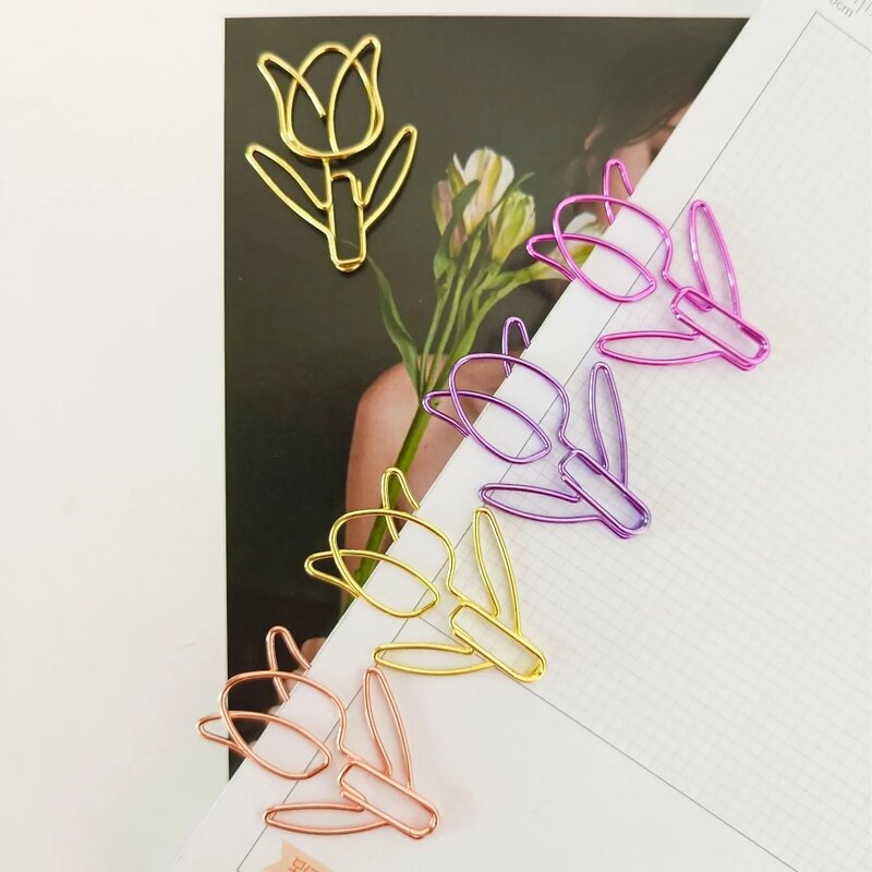 Clip de papel en forma de tulipán de colores, papelería de oficina, soporte de marcador de Metal, Clips de papel de papelería, 10 piezas por juego