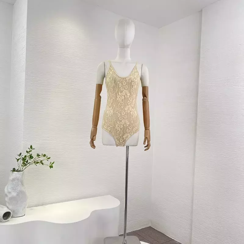 2023 Latest Hollow Out Vintage High Quality O-neck Sleeveless  Lace Beige Black Bodysuit for Women