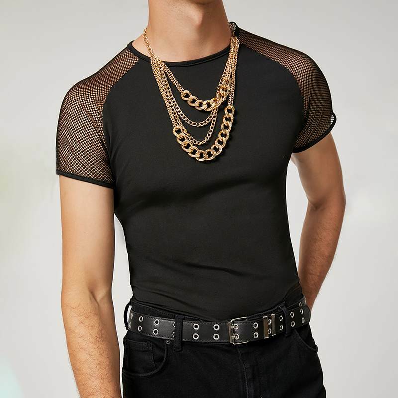 Mode Männer T Shirt Mesh Patchwork Streetwear Crew Neck 2023 Kurzarm Casual Tee Tops Sexy Atmungs Camisetas 5XL INCERUN