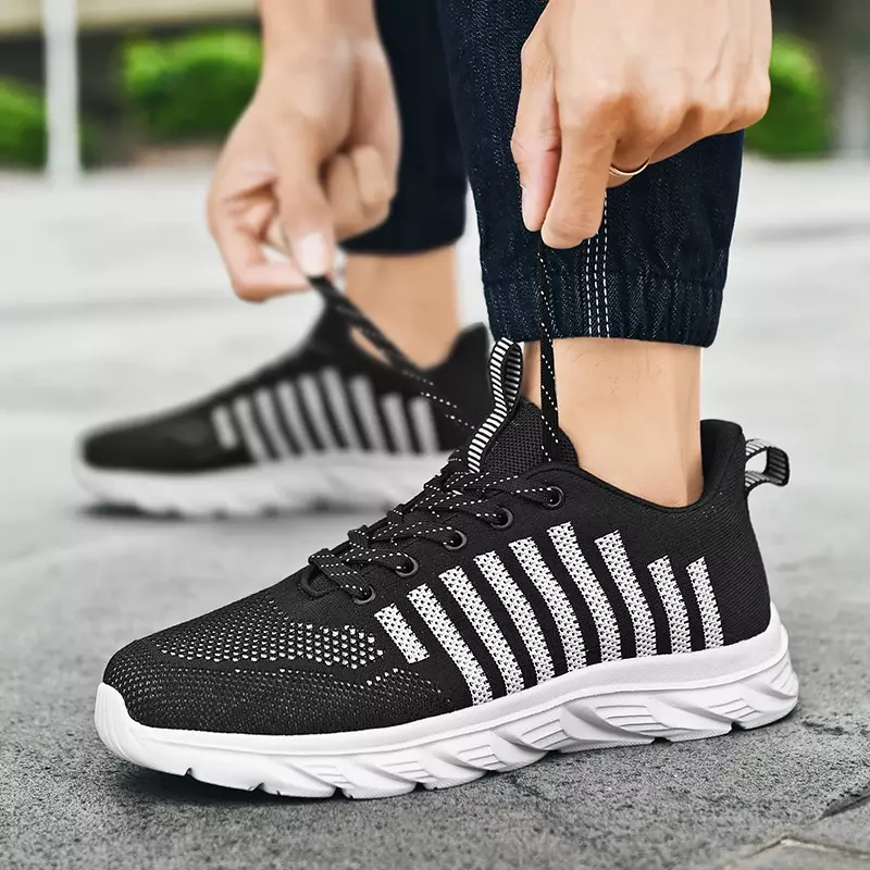 Men Sneakers Outdoor Breathable Men Running Shoes Stripe Fashion Lace Up Mesh Sneakers for Walking Jogging Plus Size 45-48