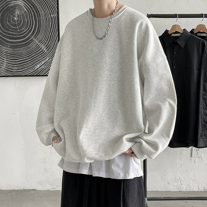 Свитшот мужской в стиле Харадзюку, однотонный пуловер оверсайз из флиса в Корейском стиле, повседневный базовый топ с круглым вырезом, уличная одежда в стиле хип-хоп, осень 2023