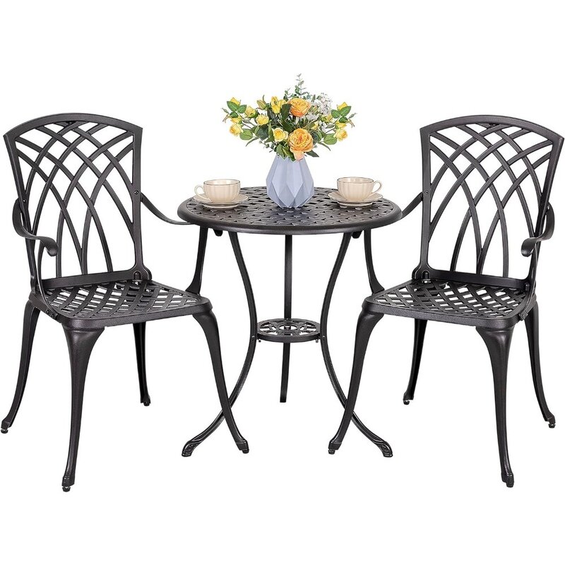 ARDEN Patio Bistro Sets 3 Piece Cast Aluminum Bistro Table and Chairs Set with Umbrella Htio Backyard, Black