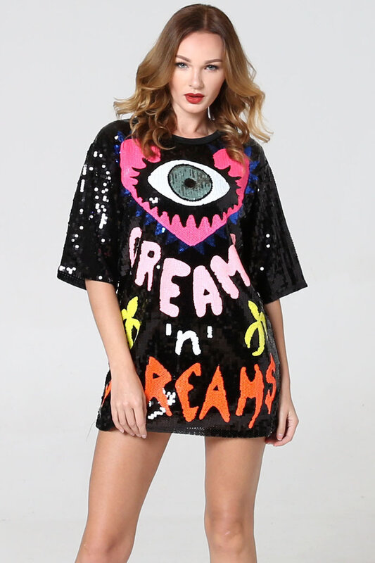 Letnia Streetwear Cartoon T-shirt luźna damska cekinowa koszulka sukienka z okrągłym dekoltem pół rękawa z cekinami długie koszule Top damski