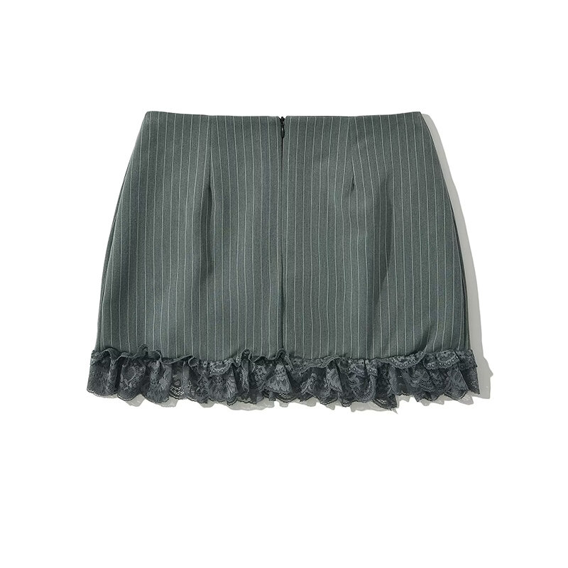 YENKYE Y2K Lace Patchwork Striped Mini Skirt Women Sexy Slim Slit Summer Skirts
