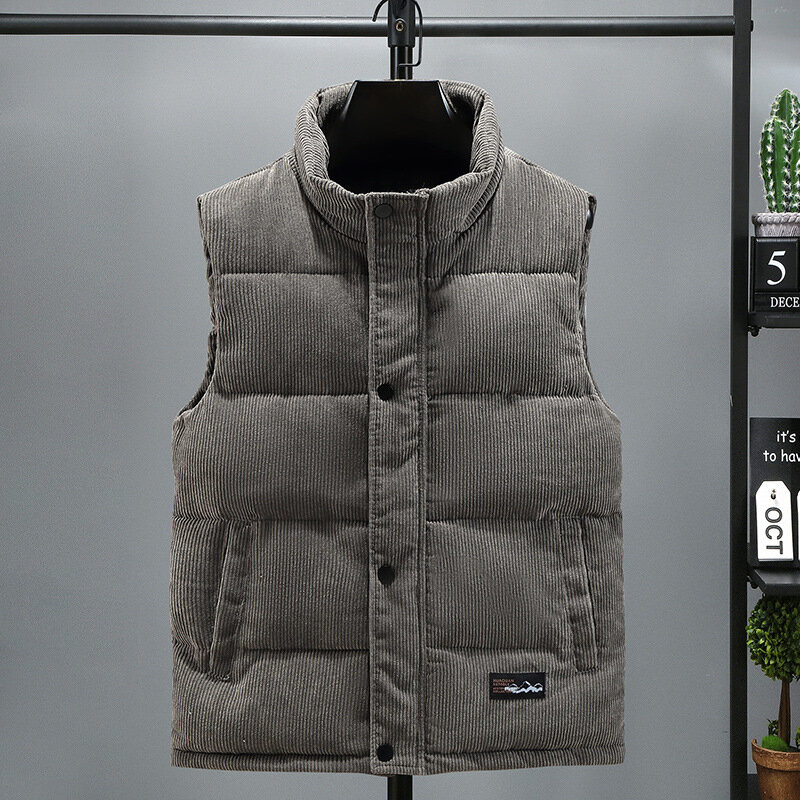 2024 New Vest Jacket Men's Autumn Winter Warm Sleeveless Coat Stand Collar Padded Waistcoat Corduroy Work Wear Male Clothes 5XL