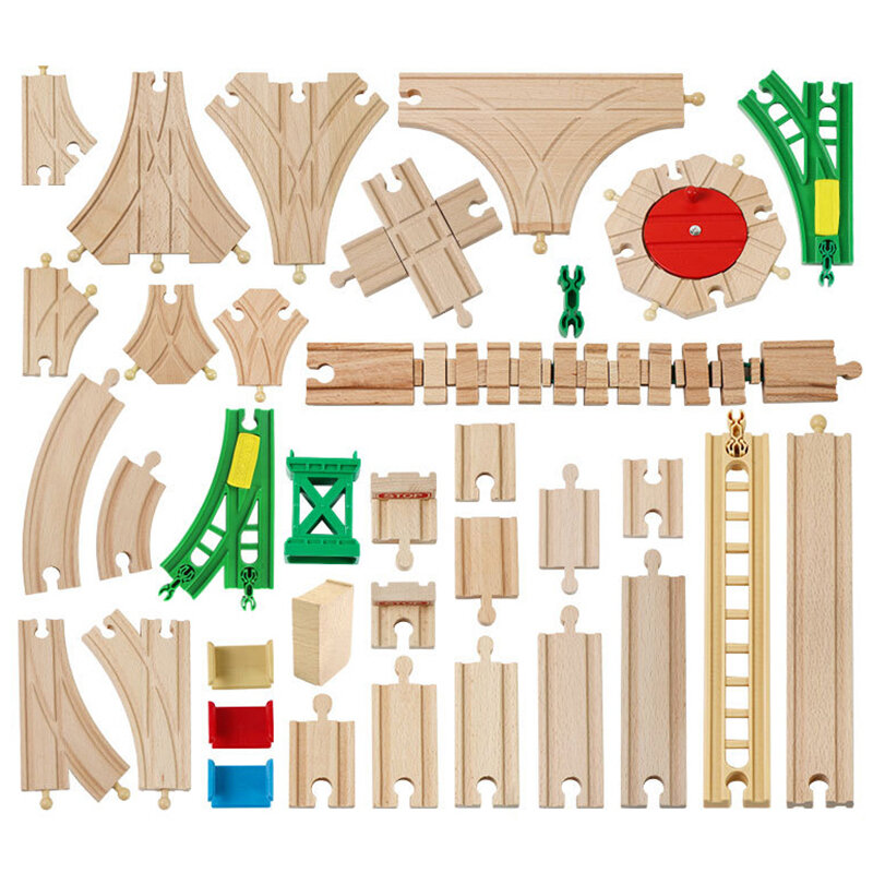 Juguetes de vías de tren de madera de haya para niños, accesorios de montaje, compatible con Biro, todas las marcas, pistas, juguetes educativos