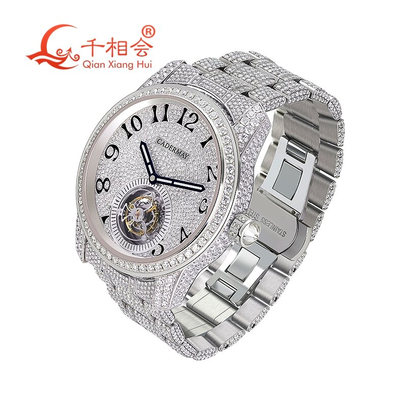 Penuh Moissanite jam tangan pergelangan tangan mewah untuk pria jam tangan mekanis D putih VVS Moissanite jam tangan perhiasan Pria