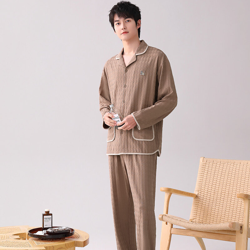 Men Cotton Pajamas M-XXXL Jacquard Weave Pajamas Sets Sleepwear Long Sleeve Tops + Long Pants Pijamas Home Clothing Pyjamas Male