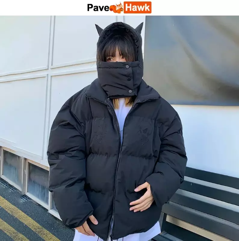 Мужская парка в стиле хип-хоп с маленькими дьявольскими рожками зимняя женская уличная куртка с капюшоном Y2k Harajuku теплая плотная куртка