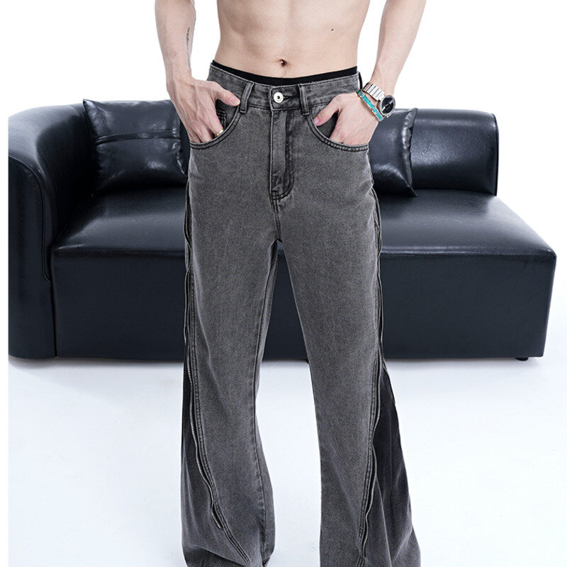 FEWQ celana panjang jins gaya Amerika untuk pria, celana panjang kasual warna polos Bell-bottoms ritsleting jalanan Tinggi Musim Panas 2024 untuk pria 24X9075