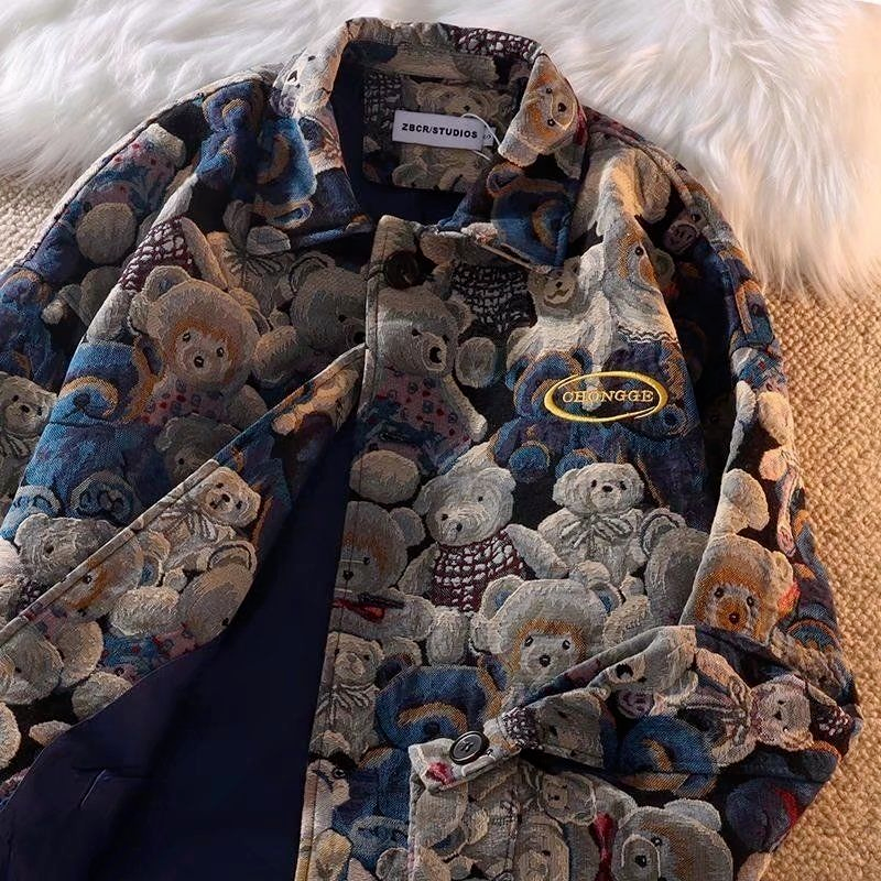 Autumn and Winter Fashion Casual Cute Bear Print Lapel Jacket for Men and Women Single-breasted Jacket 2022 New Women Clothing