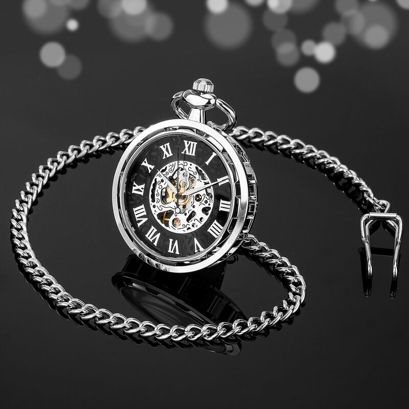 Relojes de bolsillo mecánicos de cuerda manual de plata, esfera de Nunber romano negro, colgante, reloj de bolsillo sin tapa, regalos para hombres y mujeres