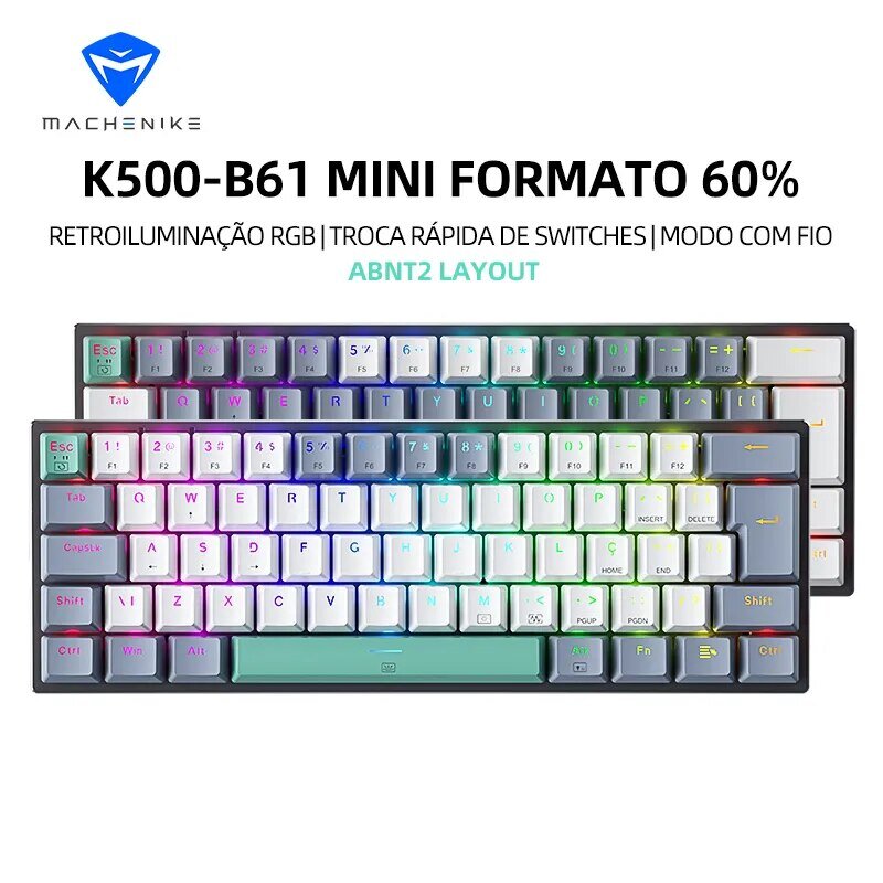 Machenike K500-B61 미니 기계식 키보드 60%, ABNT2 레이아웃, RGB 백라이트, 핫 스왑 가능 NKRO 유선 게이밍 키보드, PC 게이머용
