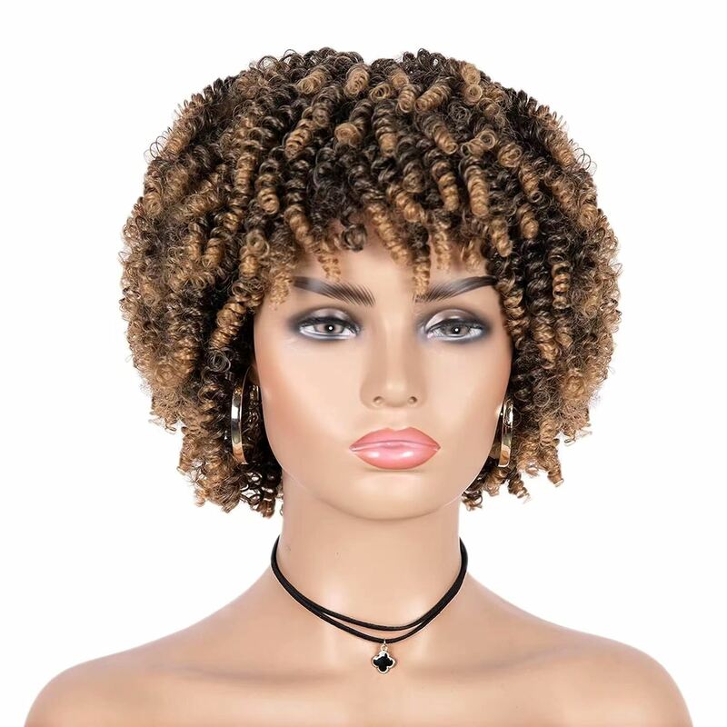 Peruka afro perwersyjne kręcone syntetyczne peruki do włosów dla czarnych kobiet, krótkie peruki z kręconymi włosami z grzywką naturalny cosplay
