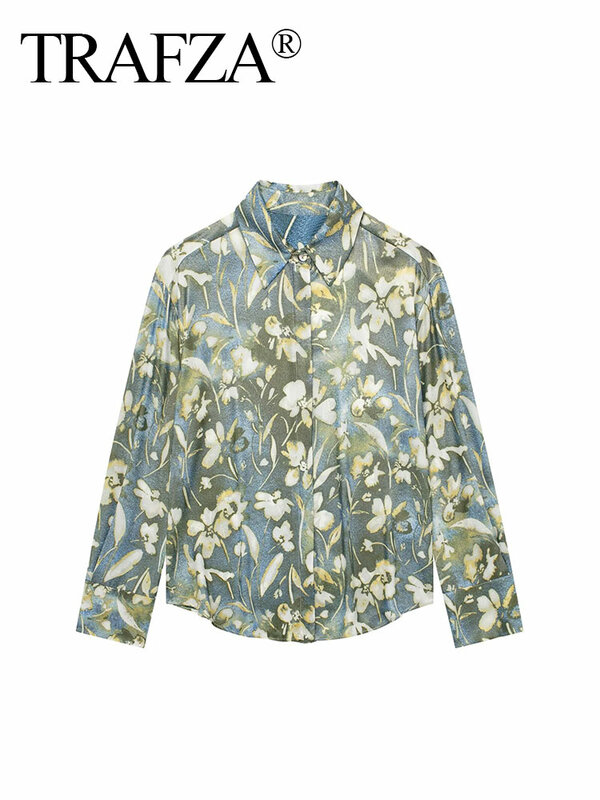 TRAFZA-Blusa de manga larga con estampado de flores para mujer, camisa informal elegante con solapa, Estilo Vintage, para primavera y verano, 2024