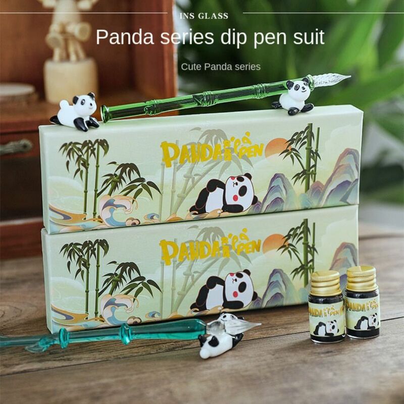 China-Chic Panda Série Vidro Dip Pen, Caneta De Escrita, Papelaria Assinatura Caneta Mergulhada, Transparente Glitter Cristal Caligrafia Caneta