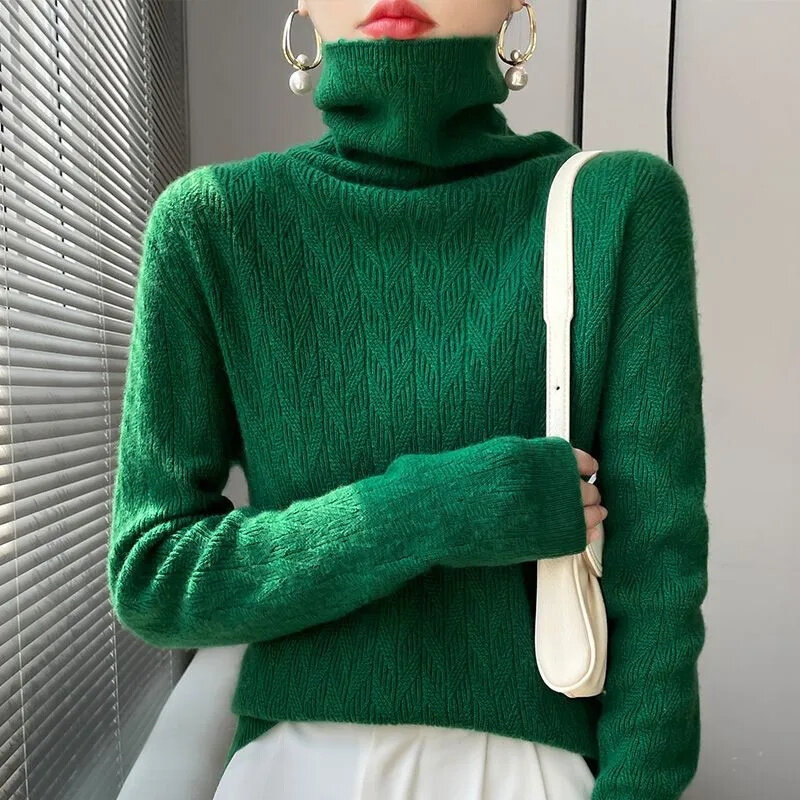 100% pura lana maglione da donna lavorato a maglia manica lunga collo alto Pullover 2023 nuovo caldo morbido coreano Fit Fashion Top