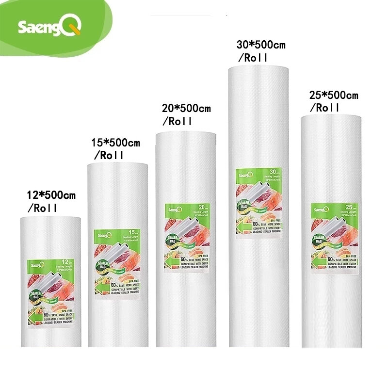 Пакеты saengQ для вакуумного упаковщика пищевых продуктов, 12 + 15 + 20 + 25 + 30 см * 500 см/рулон, пакеты для вакуумного упаковщика